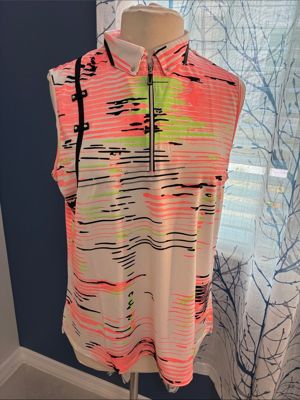 Jamie Sadock Sleeveless Golf Polo - Neon Coral & Lime Abstract Print